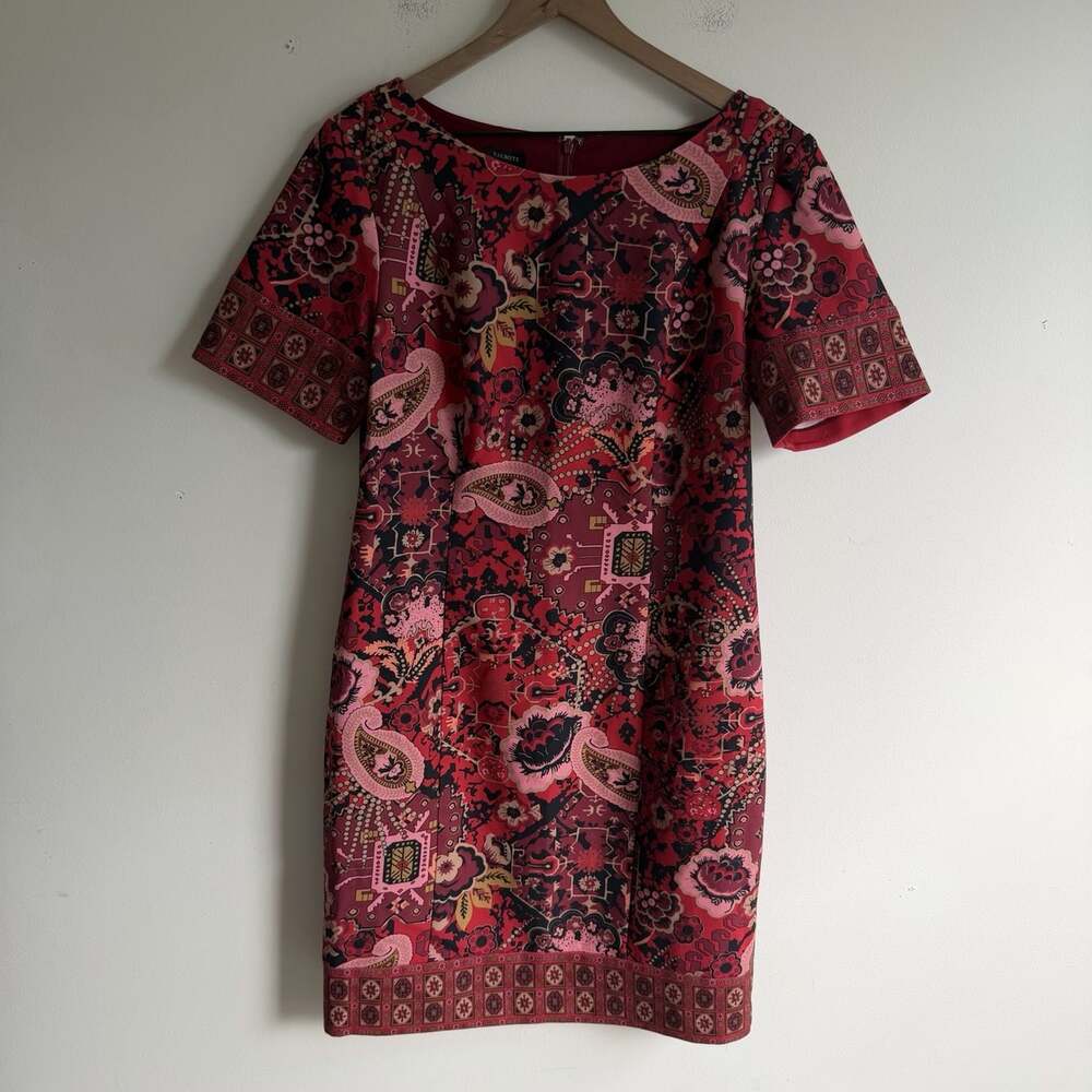 Talbots Red Pink Paisley Floral Print Dress 14 Boho Shift Short Sleeve Career